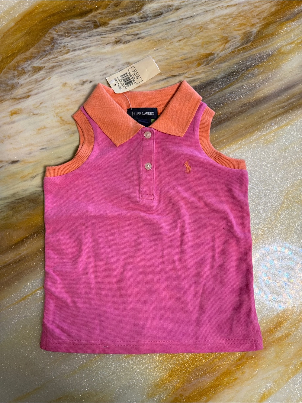 Ralph Lauren Pink Color Block Sleeveless Polo Tank with Coral Trim & Green back